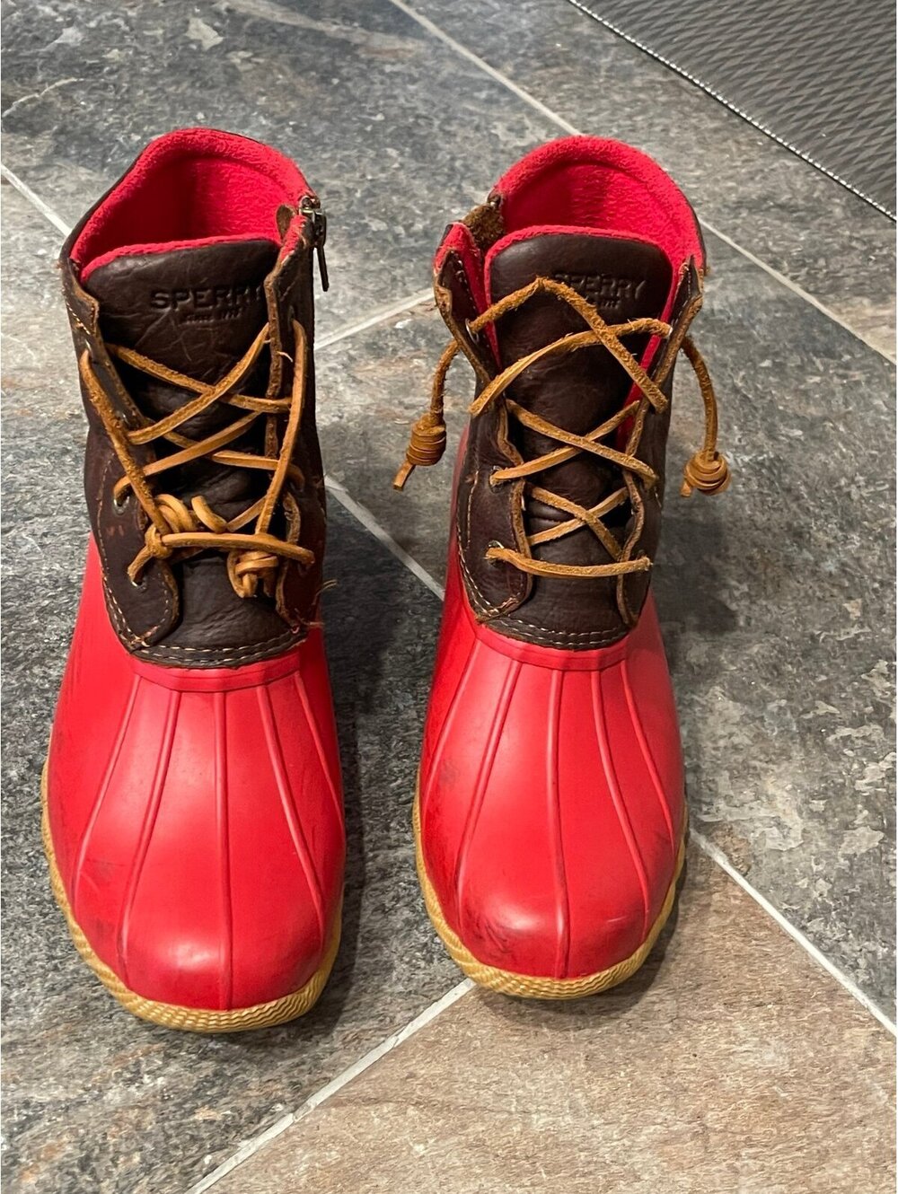 Sperry Saltwater Red Brown Duck Rain Boots Size 9.5